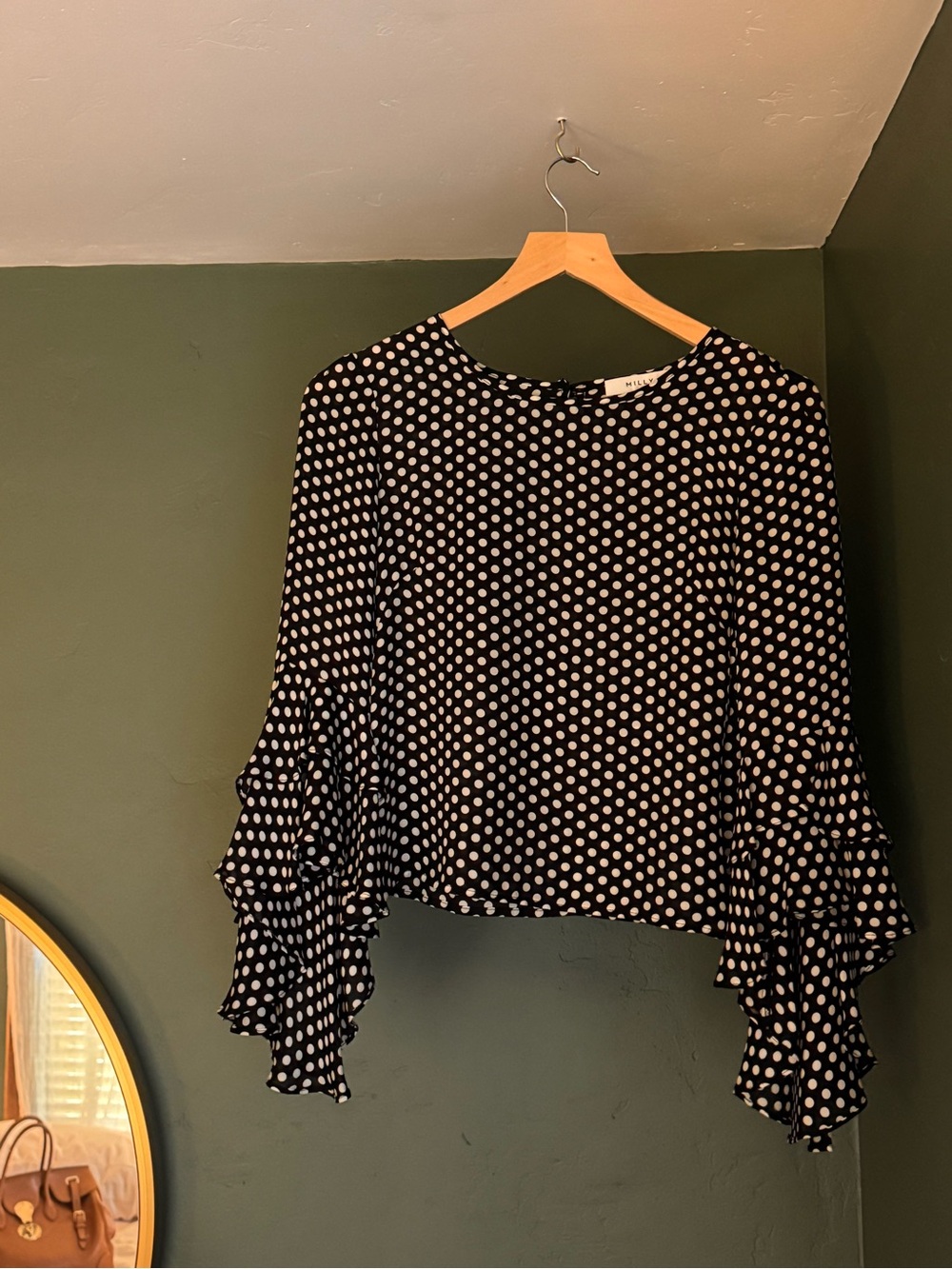Milly 100% Silk vintage polkadot ruffled sleeve blouse size 0 Made in USA